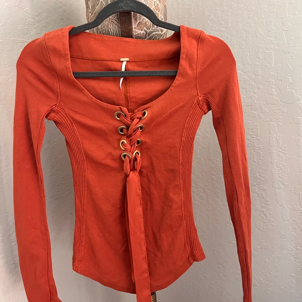 Free People Orange Tie Front Fitted Blouse